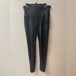 Spanx Leggings Women Large Black Faux Leather Stretch Compression Shaping Ankle‎
